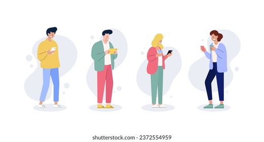 Young people using smartphones for online communication and social media interaction. Flat cartoon character illustration set.