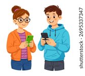 Young people using smartphones, social media interaction, and digital lifestyle. Vector illustration