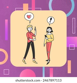 Los jóvenes usan smartphones. Los usuarios dan me gusta y comentan Ilustración vectorial plana. Concepto de marketing de medios sociales para Anuncio, diseño de Sitios web o página de Web de aterrizaje