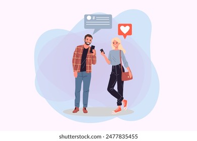 Young people using smartphones vector illustration. Happy couple communicating via mobile phones. Communication, technology, youth concept