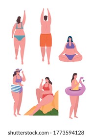 young people using swimsuit, women and man with swimsuit, summer vacation season vector illustration design