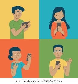 Jóvenes usando aparatos tecnológicos. Hombre y mujer usando smartphone o tablet. Ilustración vectorial al estilo de las caricaturas planas.