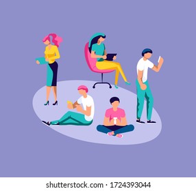 Jóvenes usando sus dispositivos digitales. Caracteres con smartphones y tablets que odian, navegan, trabajan y aprenden. Aislado sobre morado. Ilustración de vectores de arte plano