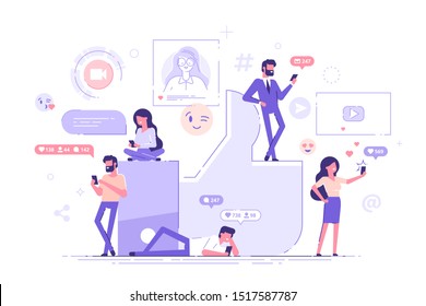 Young people using their smartphones and mobile gadgets  for social networking and blogging with a huge like icon on a background. Social media and marketing concept. Modern vector illustration.