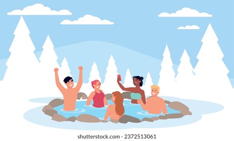 Young people vacationing together at winter hot spring resort. Friends party. Men and women group bathing in outdoor pool. Snowy fir trees. Happy couples relax in nature