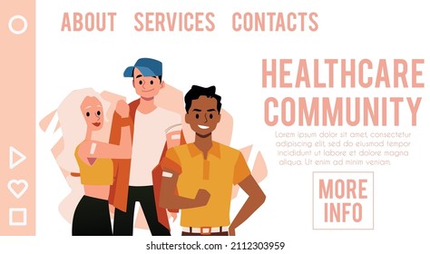 Young People Vaccinated For COVID, Healthcare Community Website Banner. Black Male And White Female Show Bandage On Arm After Vaccine Shot, Cartoon Illustration.