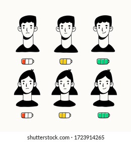 Young people with various states of battery charging. Low and full. Life energy concept. Hand drawn colored Vector illustration. Cartoon style, flat design. All elements are isolated