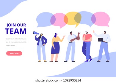 Young people vector set. Join our team concept. Creative team characters. Discussion people. Team thinking and talking. Flat vector illustration.
