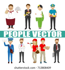 Young people vector with various characters like chef, businessman, courier, postman, policeman, pizza, doctor, kimono