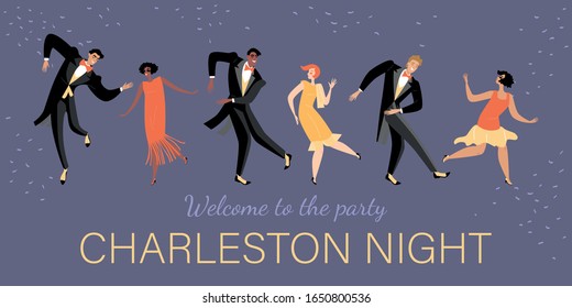 Young People In Vintage Costumes Dance Charleston. 1920s Style Retro Party Vector Banner