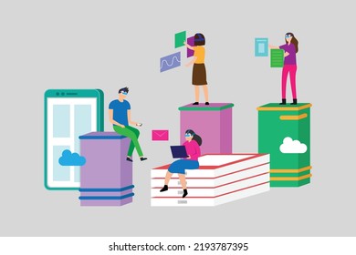 Young people virtual learning 2d vector illustration concept for banner, website, illustration, landing page, flyer, etc.