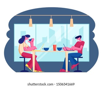 Young People Visiting Cafe and Hospitality Concept. Male and Female Characters Sitting at Tables Drinking Beverages, Working on Laptops in Modern Restaurant Interior. Cartoon Flat Vector Illustration