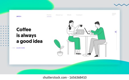 Young People Visiting Cafe and Website Landing Page. Characters Sitting at Tables Drinking Beverages, Working on Laptop in Modern Restaurant Web Page Banner. Cartoon Flat Vector Illustration Linear