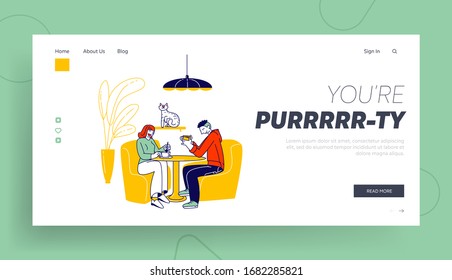 Young People Visiting Cat Cafe, Hospitality Landing Page Template. Characters Sit at Tables Drinking Beverage, Communicate in Modern Restaurant Interior with Pets Kittens. Linear Vector Illustration