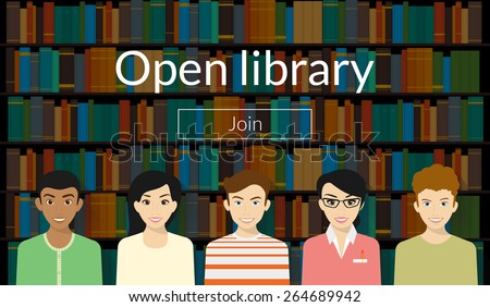 Young people are visiting a library. Text outlined.  