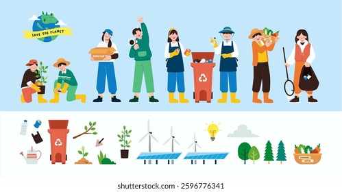 Young people volunteer cartoon characters collecting garbage taking care of plants and saving ecology on planet earth vector illustration. Collection of earth day graphic element poster