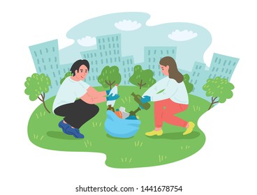 Young people volunteers cleaning city park. Vector illustration.