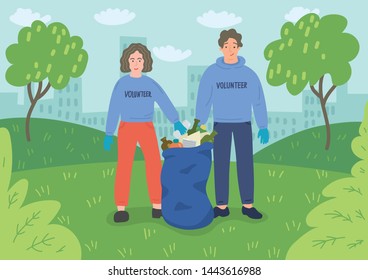 Young people volunteers cleaning city park. Vector illustration.