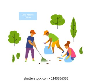 young people volunteers cleaning up the park isolated vector graphic scene