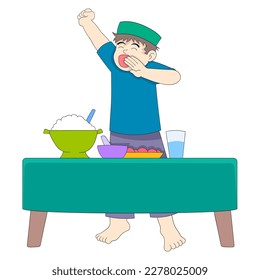 young people wake up and are sleepy while they are going to eat for sahur for Muslims. vector design illustration art