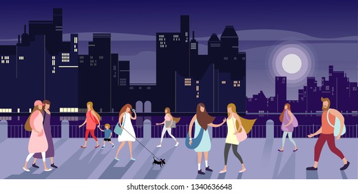 Young people walk along the city’s embankment on a late summer evening. Vector illustration.