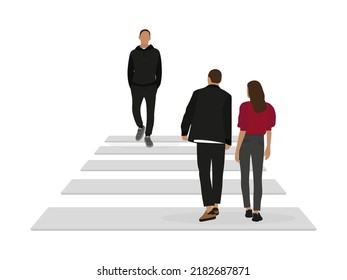 Young people walk along a pedestrian crossing towards each other on a white background