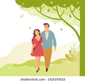 Young people walk in green spring or summer park, smiling cartoon characters. Vector brunette woman in dress and smiling handsome guy in blue jacket