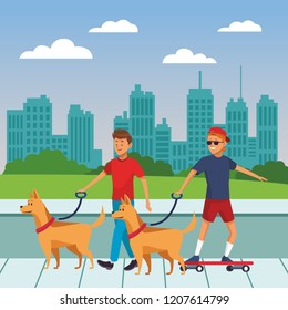 young people walking dog cartoon