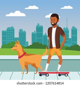 young people walking dog cartoon