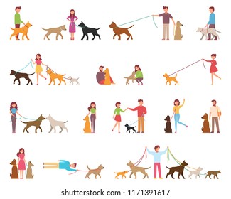 Young people are walking dogs. Variety of rocks. The dog is next to its owner on a leash. Vector illustration in a flat style on a white background cartoon.