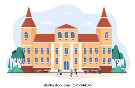 Young people walking in front of college or university flat vector illustration. Cartoon students relaxing and going near campus. Building exterior and landscape concept