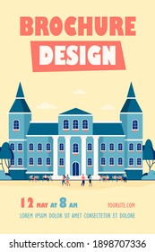 Young people walking in front of college or university flat vector illustration. Cartoon students relaxing and going near campus. Building exterior and landscape concept
