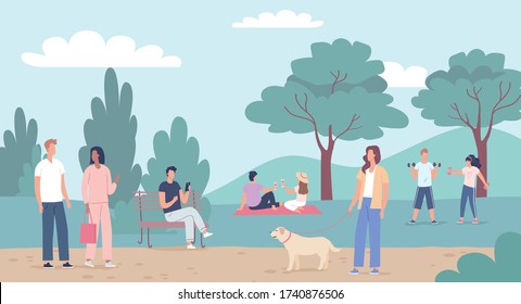 Young people walking in the green city park vector illustration