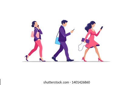 Young people walking. Humans strolling with smartphones, they are using their digital devices. Vector illustration.