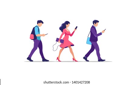 Young people walking. Humans strolling with smartphones, they are using their digital devices. Vector illustration.