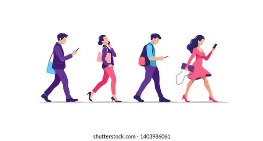 Young people walking. Humans strolling with smartphones, they are using their digital devices. Vector illustration.