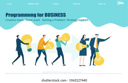 Young people walking with light bulbs. Flat design website or app page template. Financial services, banking, strategic planning, development, business solutions, consulting, data analyse