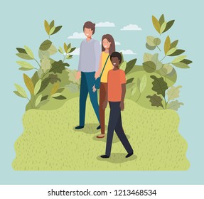 young people walking on the park characters