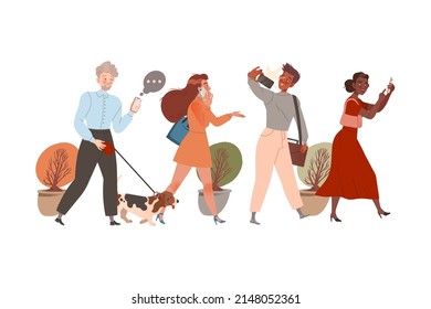 Young people walking on street using smartphones. Man and woman chatting, making selfie cartoon vector illustration