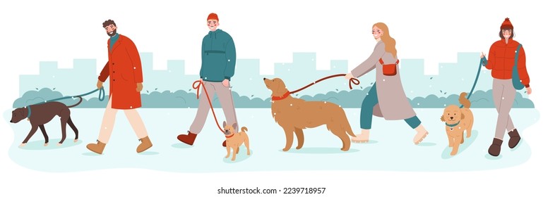 Young people walking with their dogs. Pet owners strolling with their dogs on leash. Walk Your Dog Month concept. 