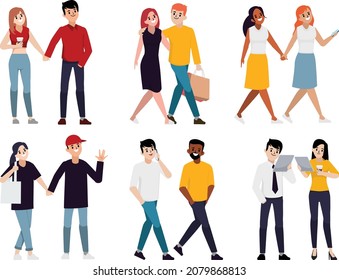 Young People walking together. Flat vector character set.