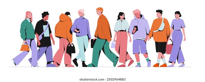 Young people walking together out of the door. Crowd of people going outside. Young society. Vector illustration isolated on white.