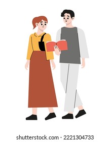 Young people are walking while reading a book. Book lovers, fans of literature. Concept of Book Week or World Book Day. Flat vector illustration isolated on white background.