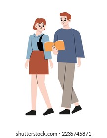 Young people are walking while reading a book. Book lovers, fans of literature. Concept of Book Week or World Book Day. Flat vector illustration isolated on white background.
