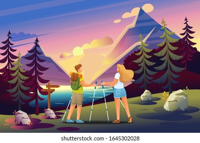 Jóvenes caminando por el bosque, haciendo camping nórdicos. Carácter 2D plano. Concepto de diseño web.