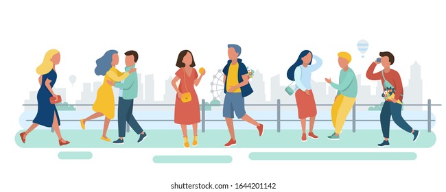 Young people walks along the street by the river. Vector illustration
