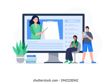 Young people watch online video lessons. Banner or background for a site with a distance education theme. Vector flat illustration.