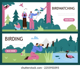 Young people watching birds, web banners set - flat vector illustration. Concepts of birdwatching, birding and ornithology. Students observing animals in forest and making notes.