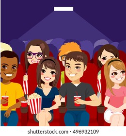 Young People Watching A Movie At Cinema Theater With Popcorn And Drinks