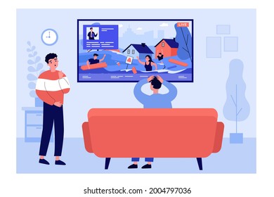 Jóvenes viendo noticias sobre emergencias. Ilustración vectorial plana. Hombres viendo televisión, transmiten en vivo desde escena con personas heridas en la pantalla. Inundación, emergencia, concepto de desastre natural